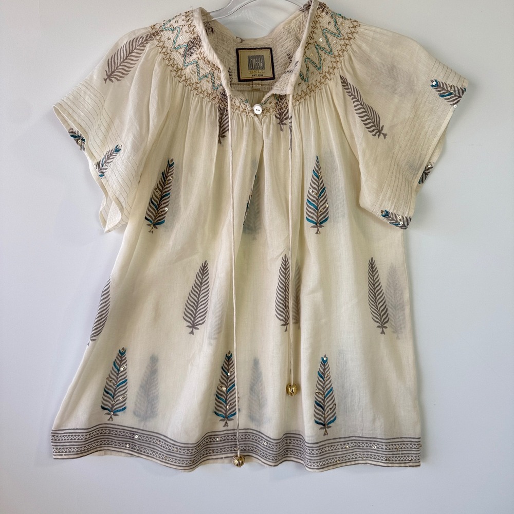 Bell by‎ Alicia Bell Blouse Women XS Ivory Silk Cotton Feather Sequin Boho Top